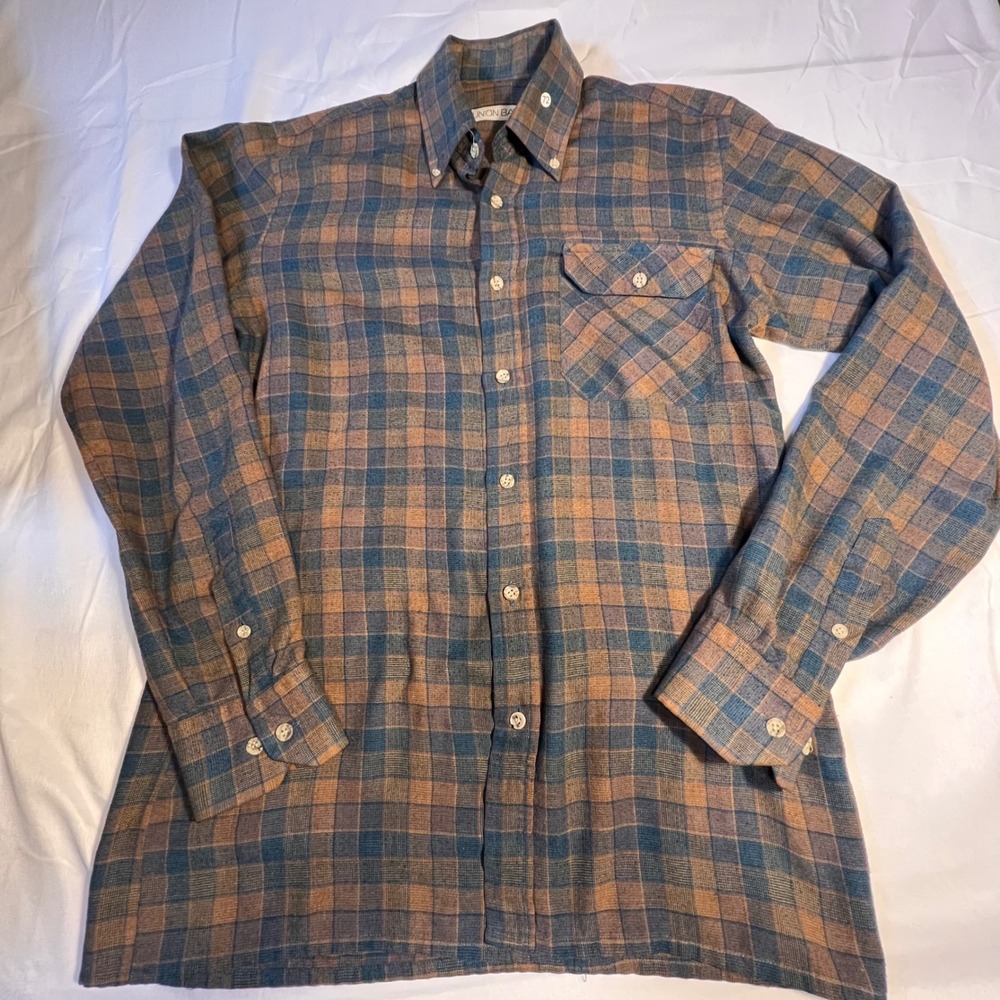 Unionbay Medium Plaid Button Down Shirt Blue Brown Vintage 90s Camping Utility